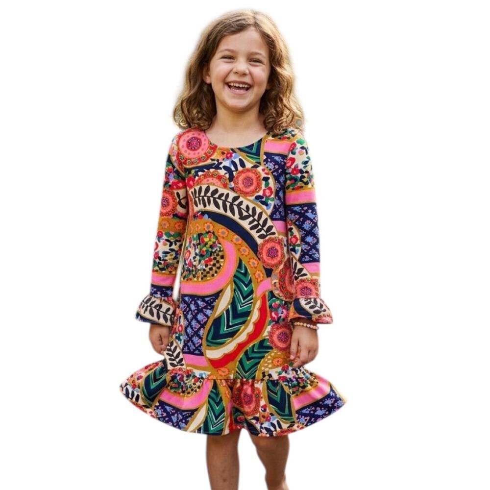 Lands End Colorful Knit Dress Girls Size 7 Ruffled Floral Paisley Bold Boho